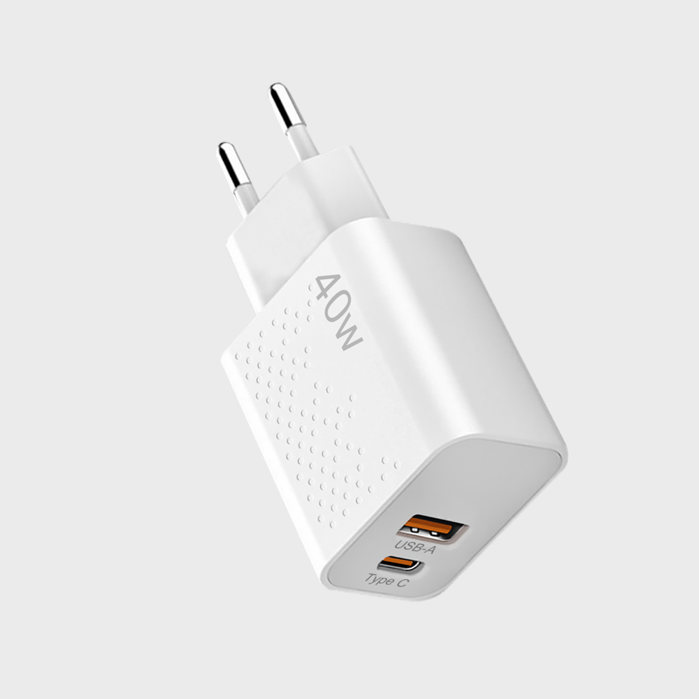 40W Dual Port USB-C Wall Charger with PD QC Fast Charging European Plug for Travel