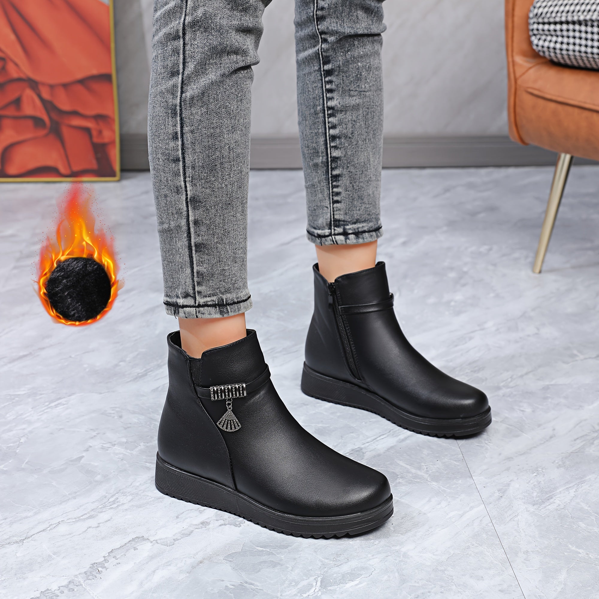 Women's Warm Furry Lined Winter Boots with Zipper and Thick PU Sole