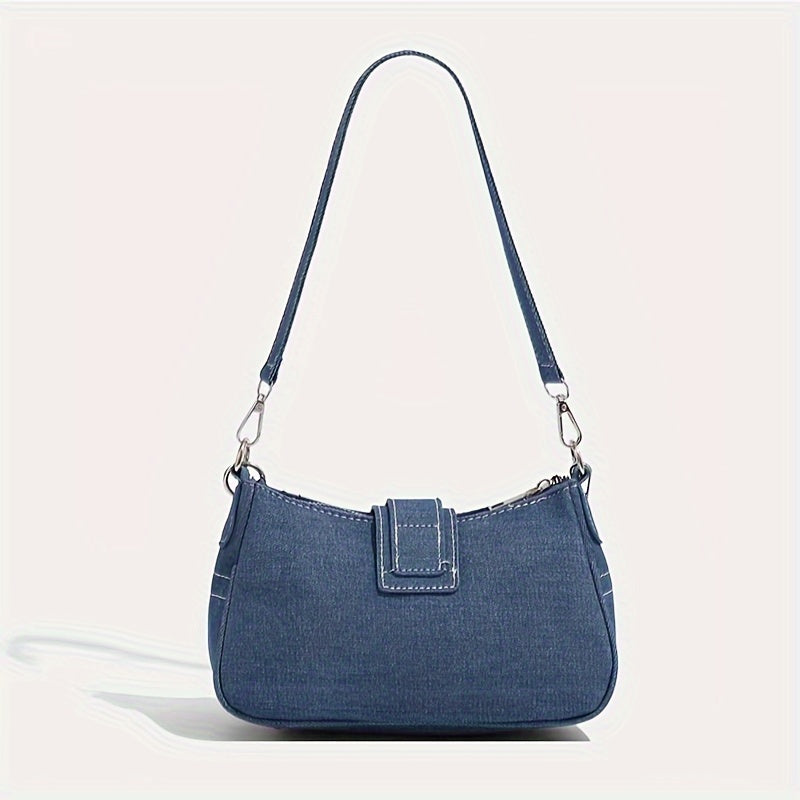 Girls Denim Shoulder Bag PU Solid Color Zipper Autumn Winter Retro Style