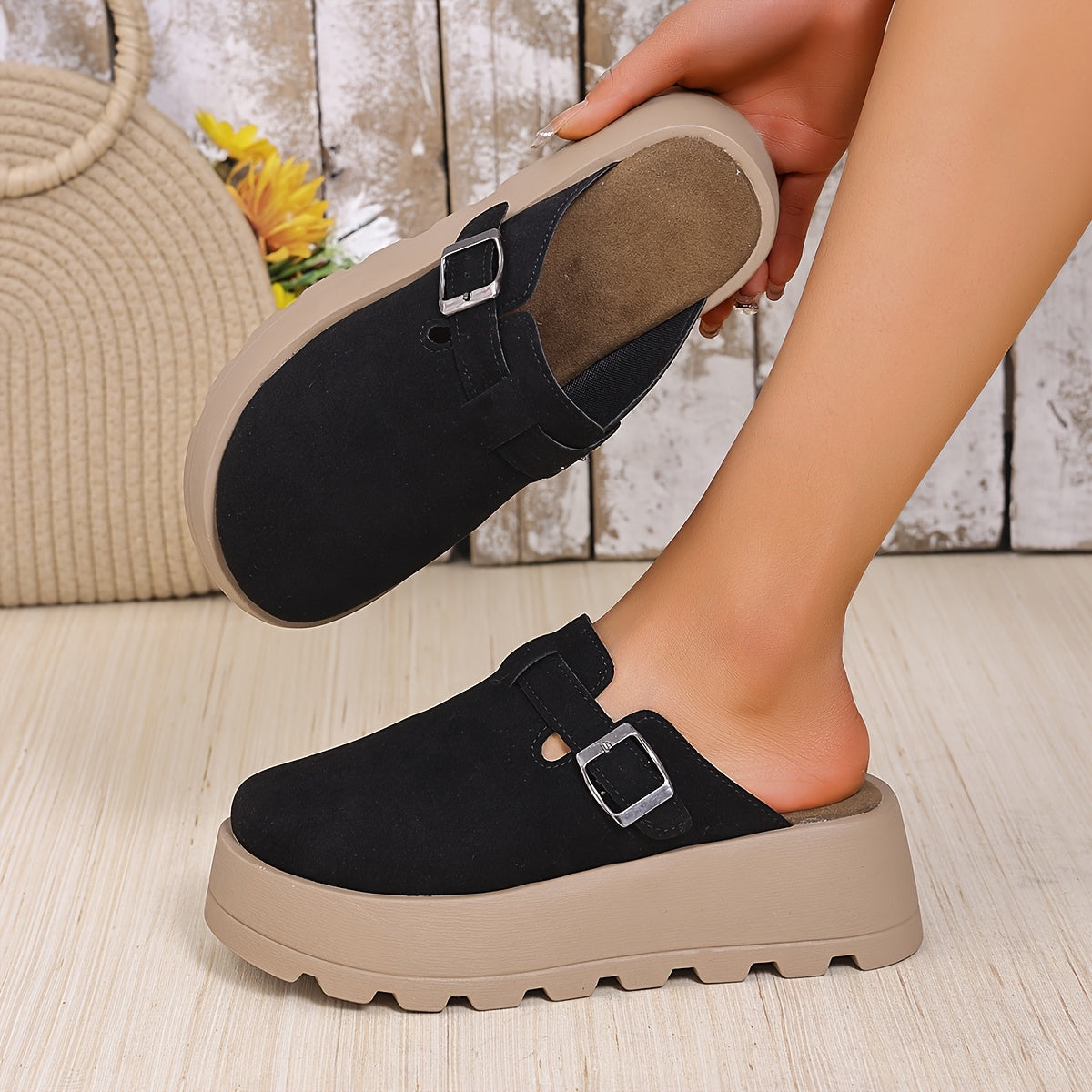 Women Beige Wedge Mules with Adjustable Buckle Slip-On Shoes