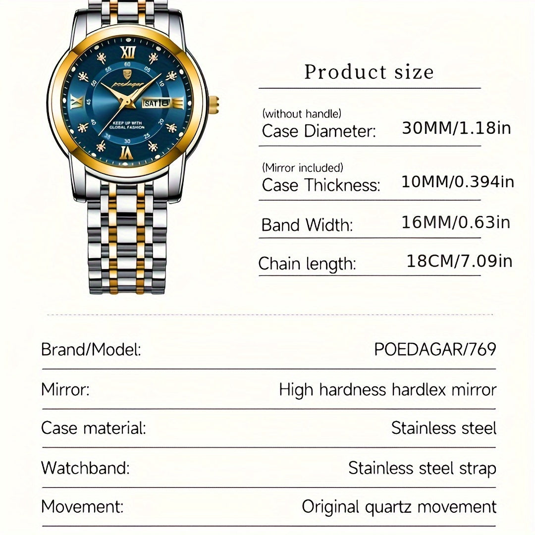 Women's Stainless Steel Quartz Wristwatch with Luminous Hands and Date Display