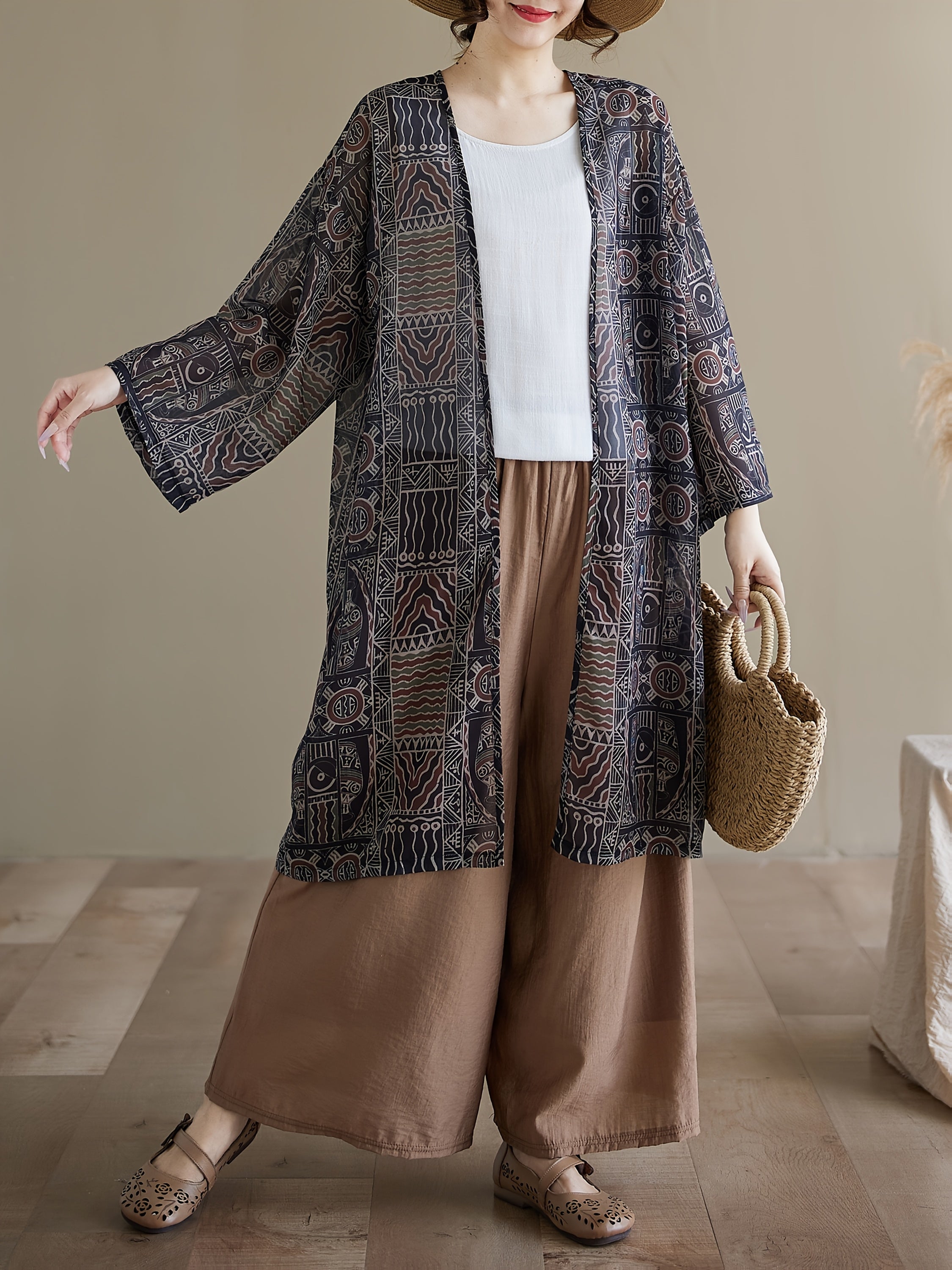 Women's Plus Size Light Beige Ethnic Print Long Sleeve Beach Cover-Up