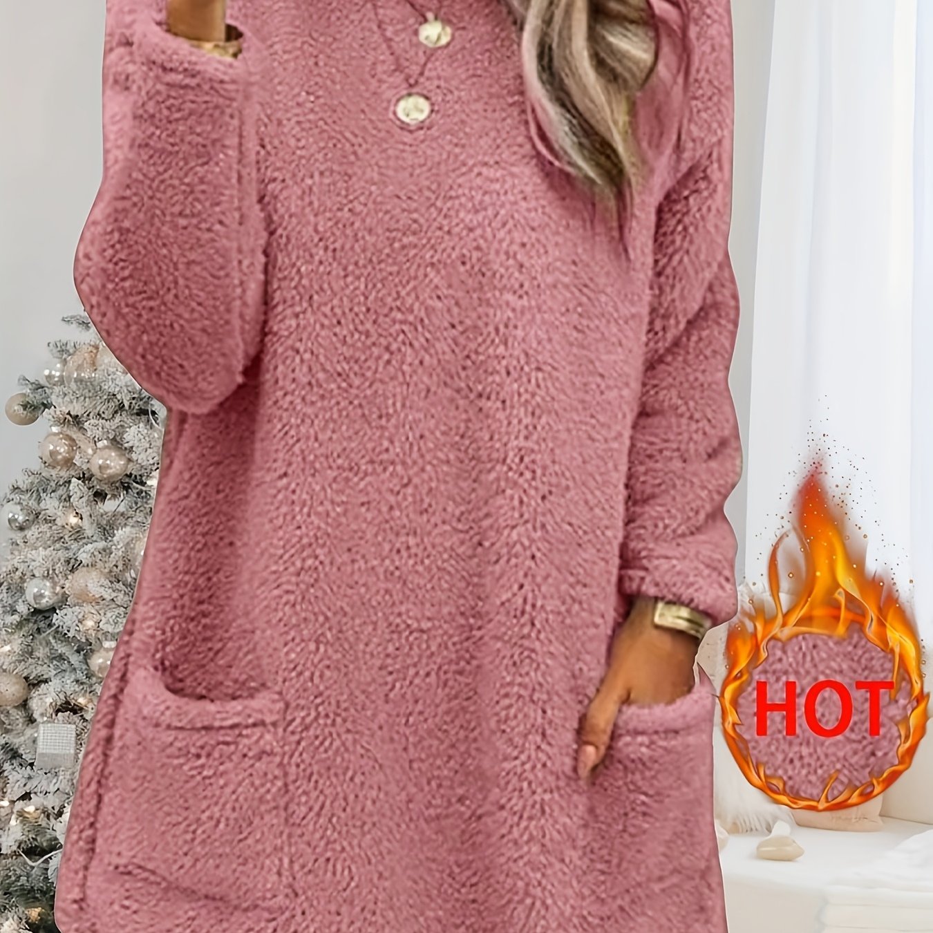 Women's Fleece Top with Pockets Long Sleeve Crew Neck Fall Winter Casual Solid