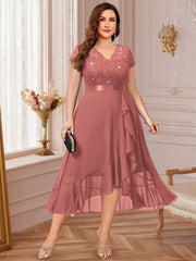 Plus Size Women's V-Neck Midi Dress with Lace and Ruffled Hem for Parties