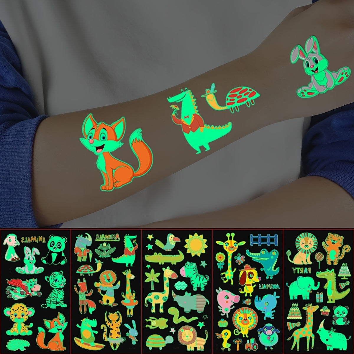68-Pack Glow in the Dark Temporary Tattoos for Kids Animal Series Waterproof Stickers