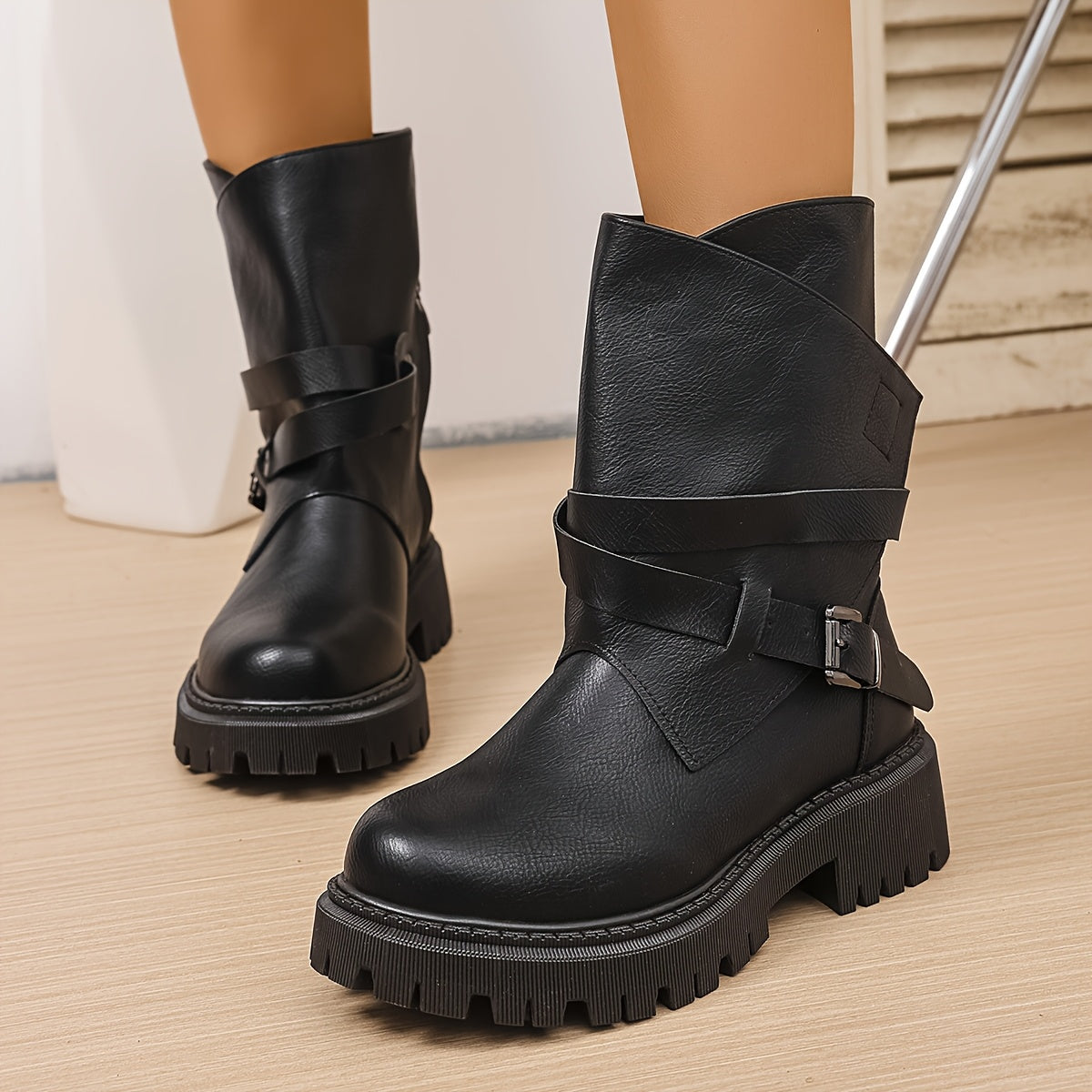 Women’s Faux Leather Chunky Platform Ankle Boots with Zipper and Thick Sole