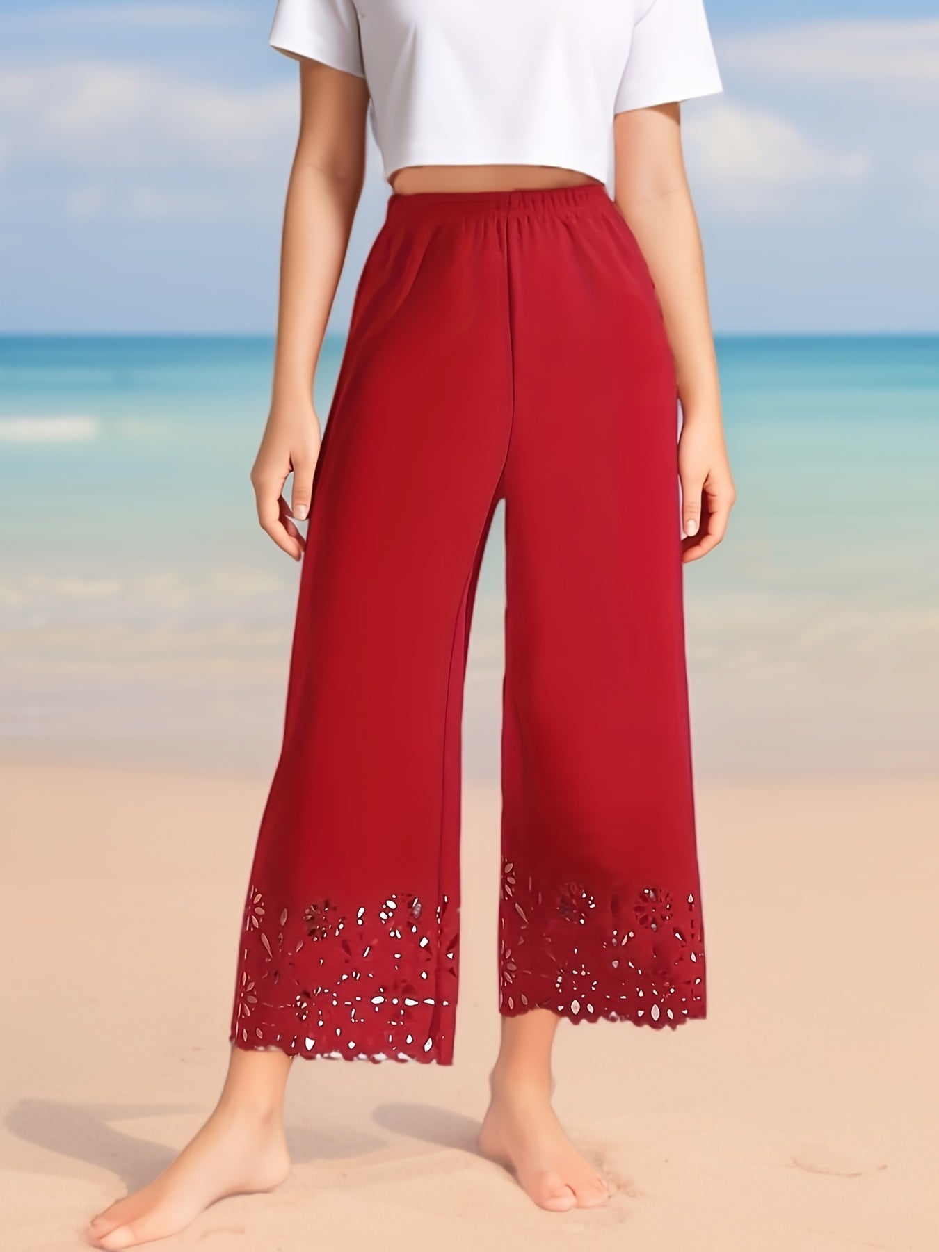 Plus Size Women's Wide-Leg Pants with Lace Cut-Outs Machine Washable All-Season