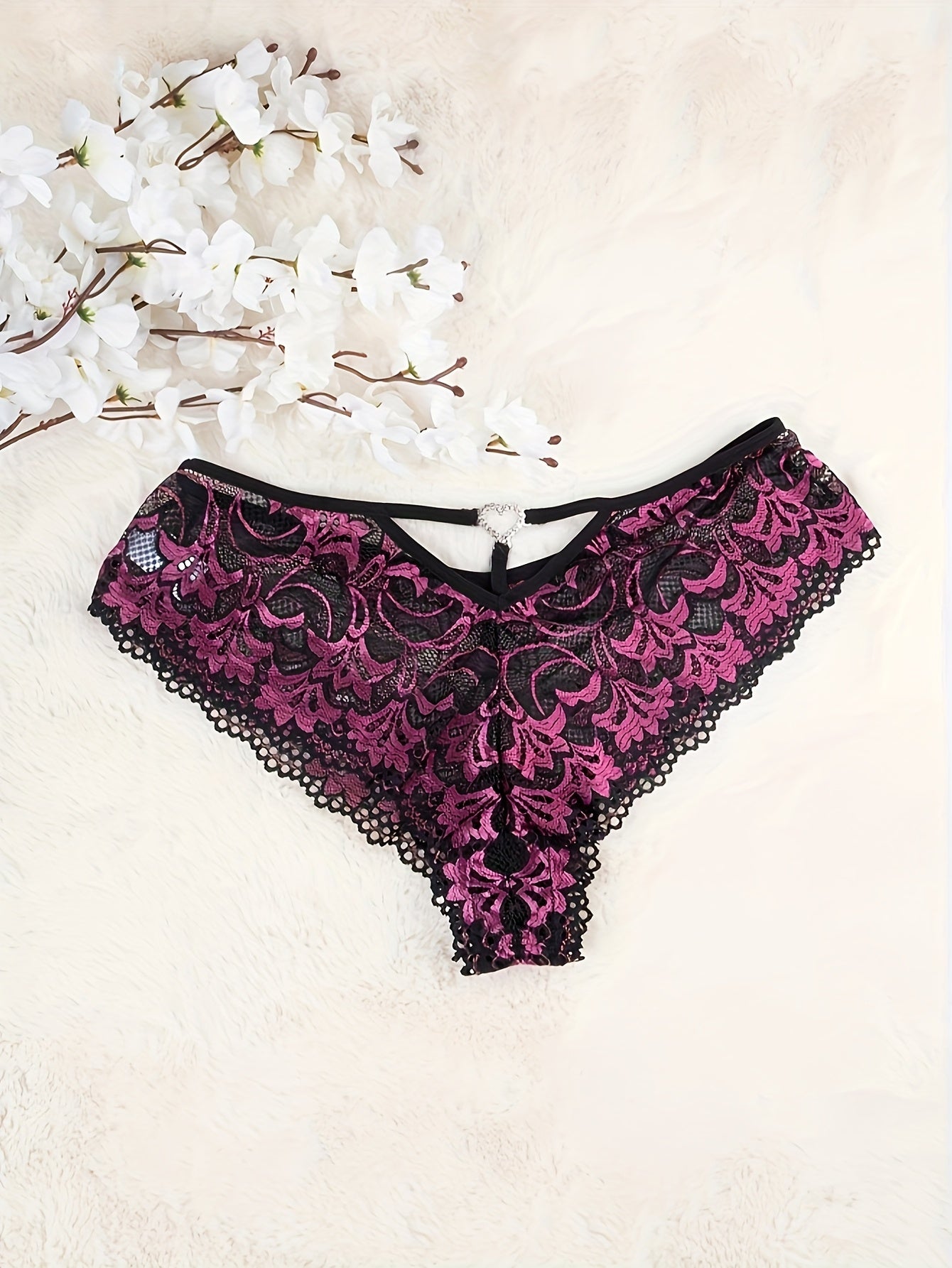 Plus Size Women's Sheer Lace Floral Thong with Heart Design Breathable