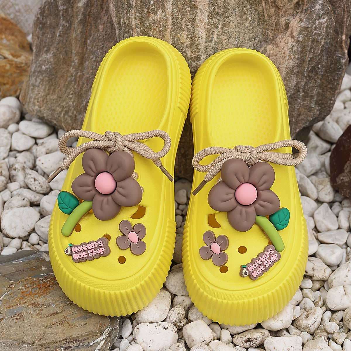 Women's Casual Flower Pattern EVA Mules, Sunflower Design, Flat Heel