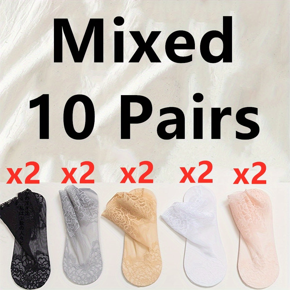Women's Invisible Socks 5 Pairs Geometric Lace Floral Trim Polyester Spandex