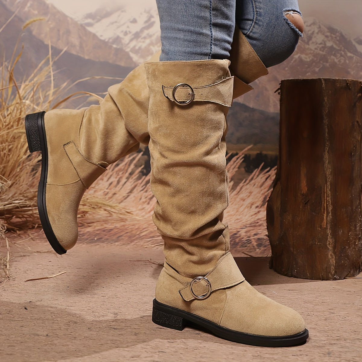 Women's Leather Button Pleated High Top Knee Boots