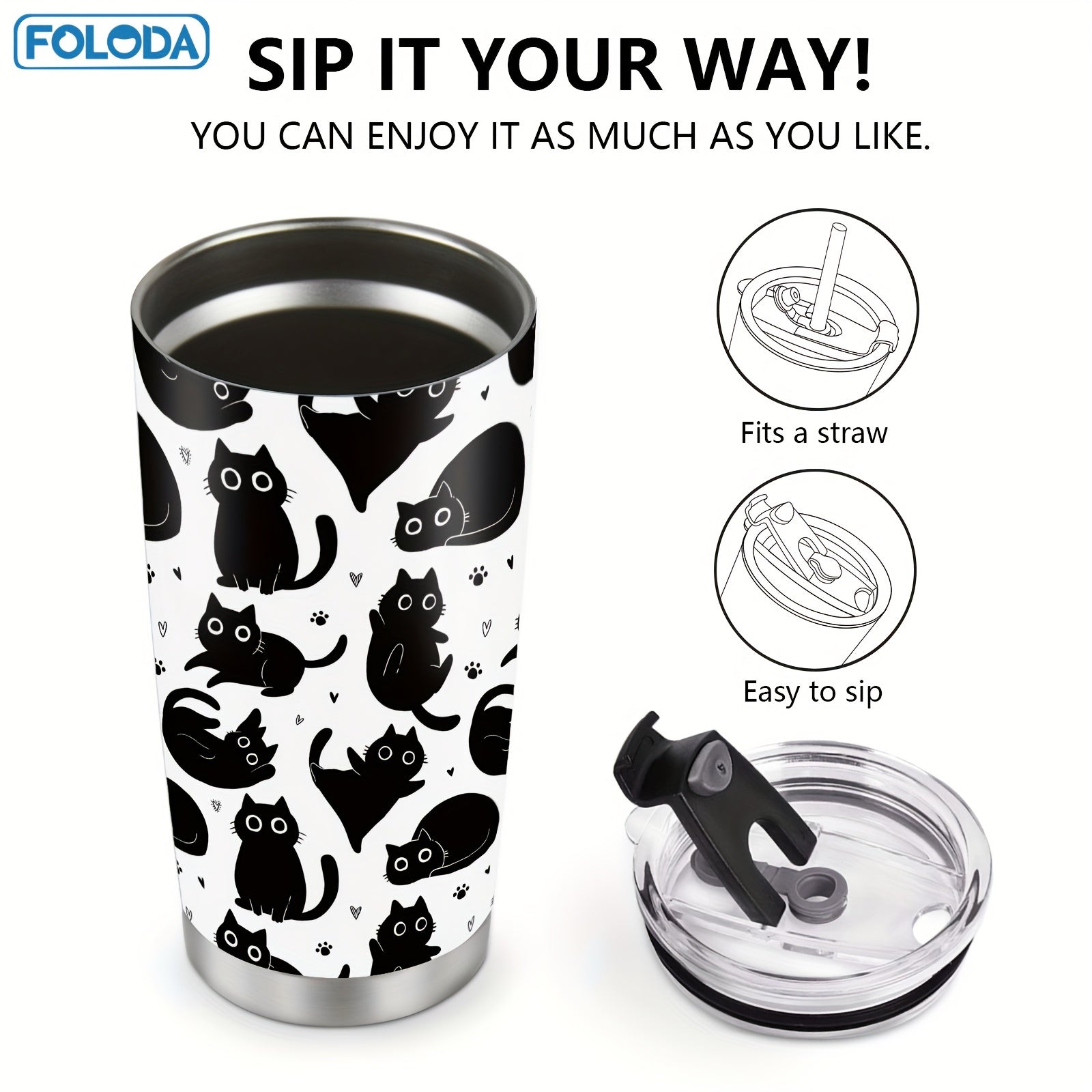 20oz Black Insulated Stainless Steel Tumbler with Lid for Cats and Gifts