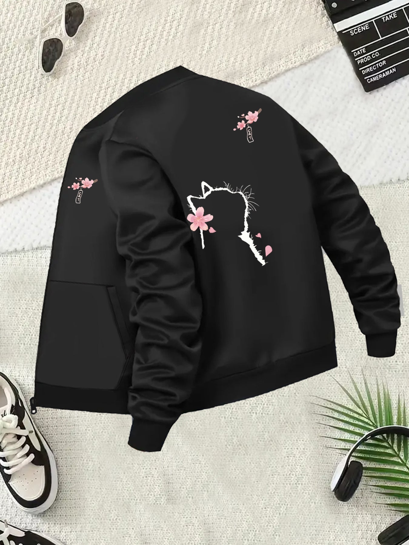 Women's Plus Size Casual Polyester Bomber Jacket with Pockets and Cherry Design