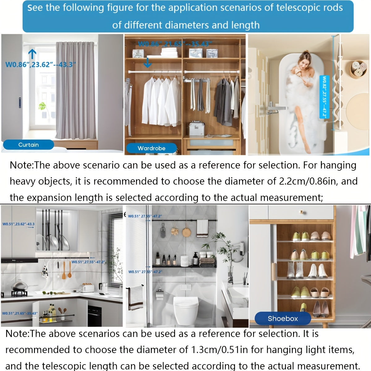 Ko'p maqsadli teleskopik tayoq - parda, dush, kiyim quritish, eshik, shkaf, kabinet, sochiq tokchasi, hammom aksessuarlari.