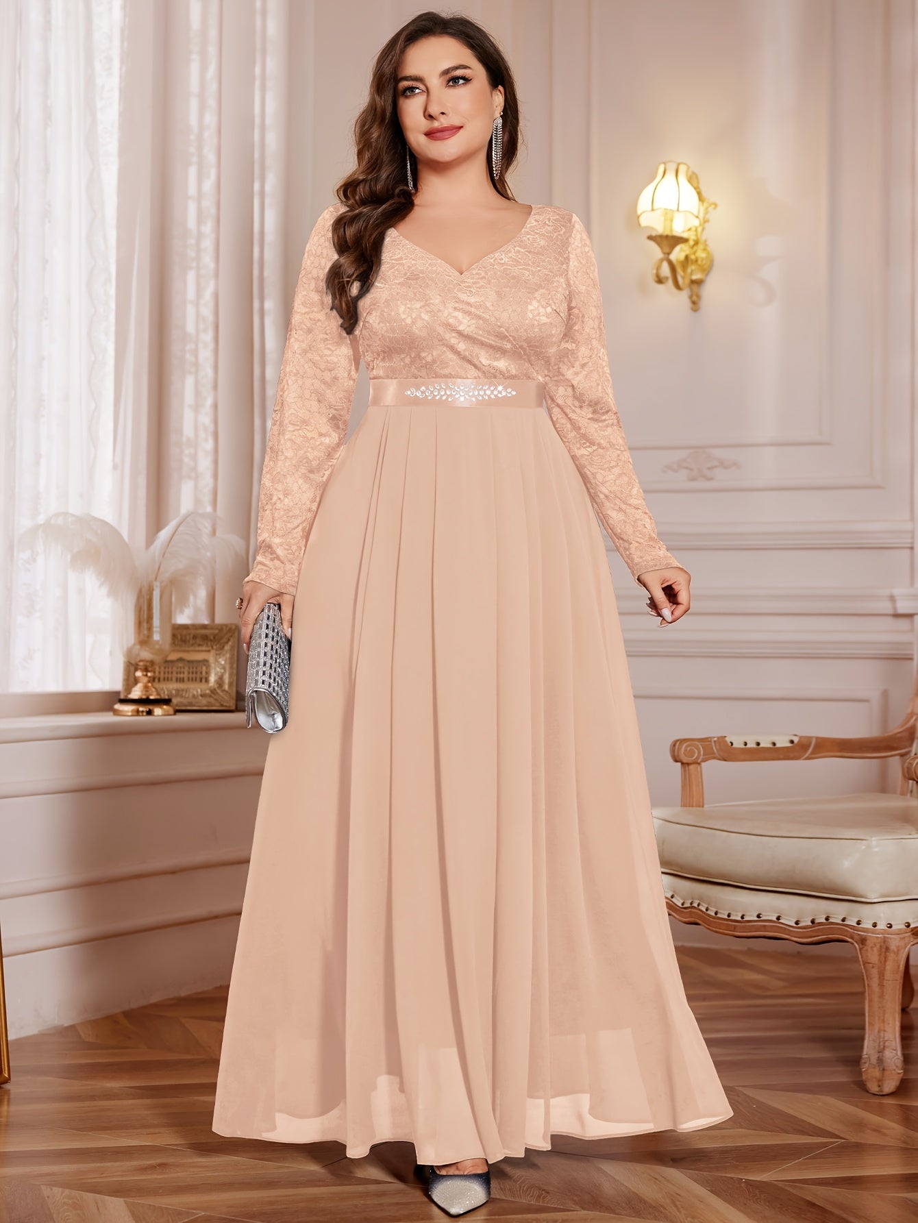 Plus Size Women’s Chiffon Long Dress V-Neck Flared Beaded Waist Party