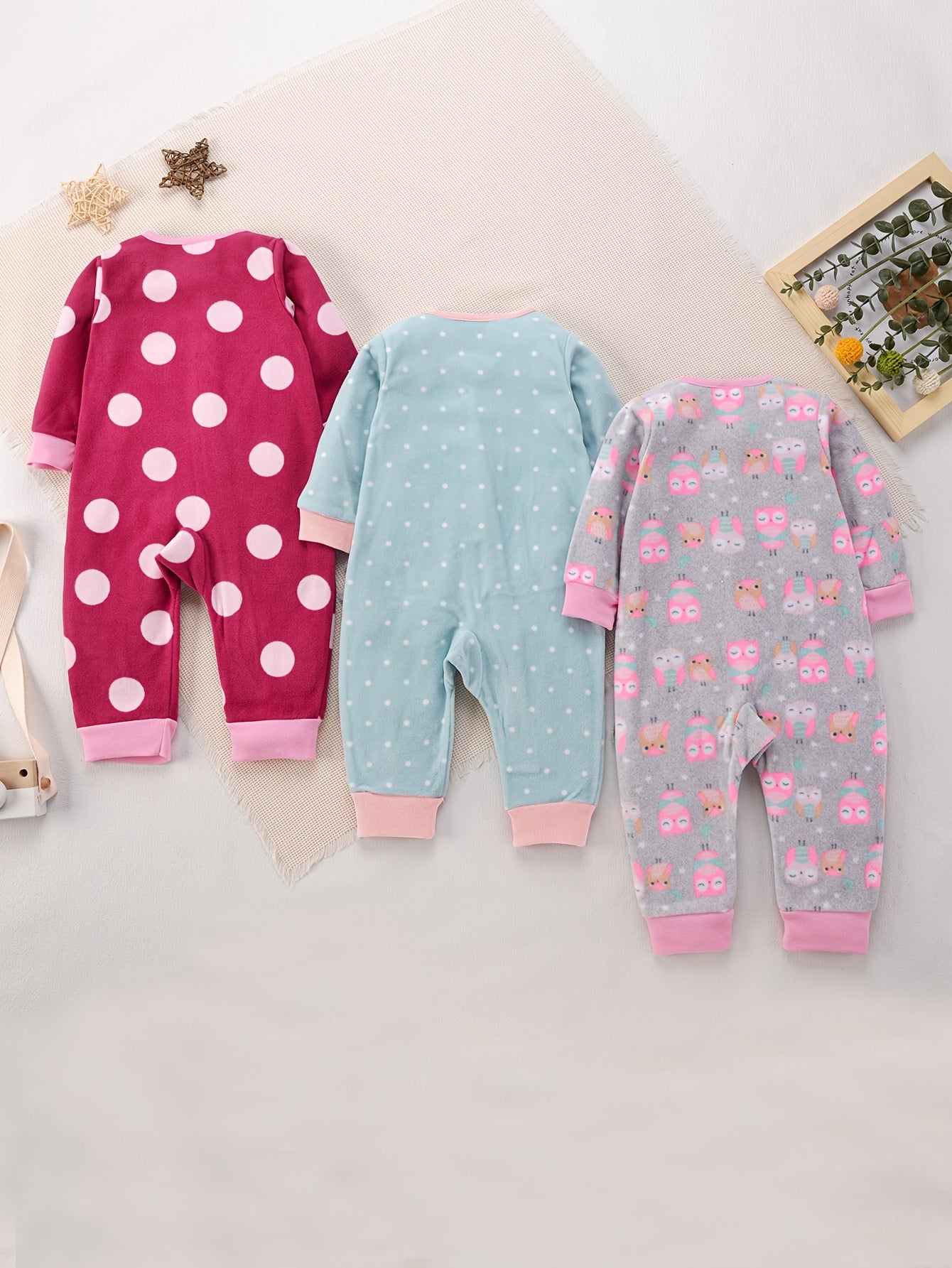 Baby Girls Fleece Long Sleeve Bodysuits Set with Animal Embroidery for 0-3 Years