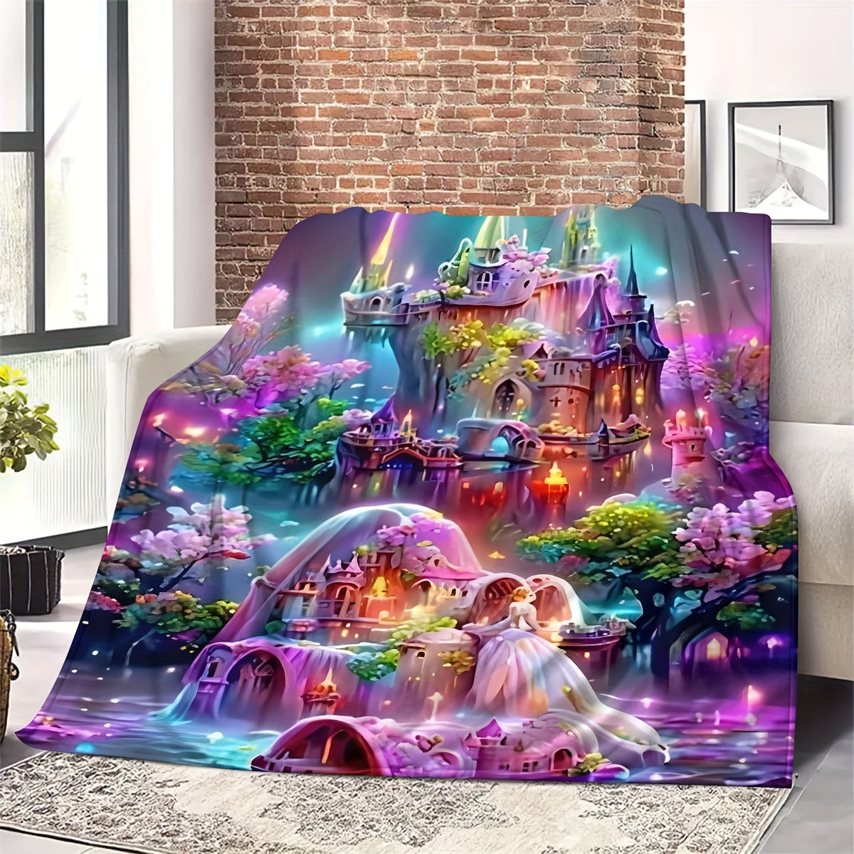 Soft Flannel Blanket Fairy Forest Night View Castle for Home Camping Office