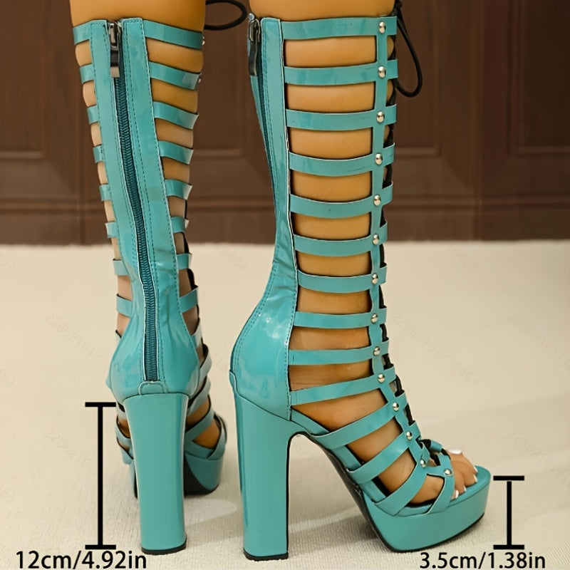 Women's Mint Green Studded Open Toe Chunky Heel Summer Shoes