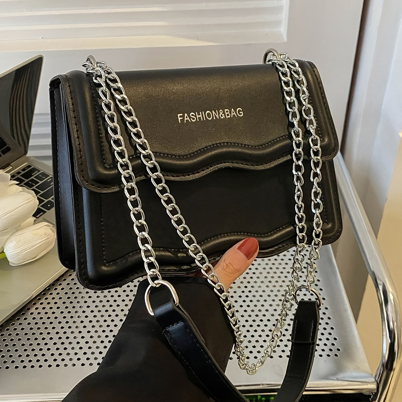 Small Square PU Crossbody Bag with Scallop Detail and Chain Shoulder Strap