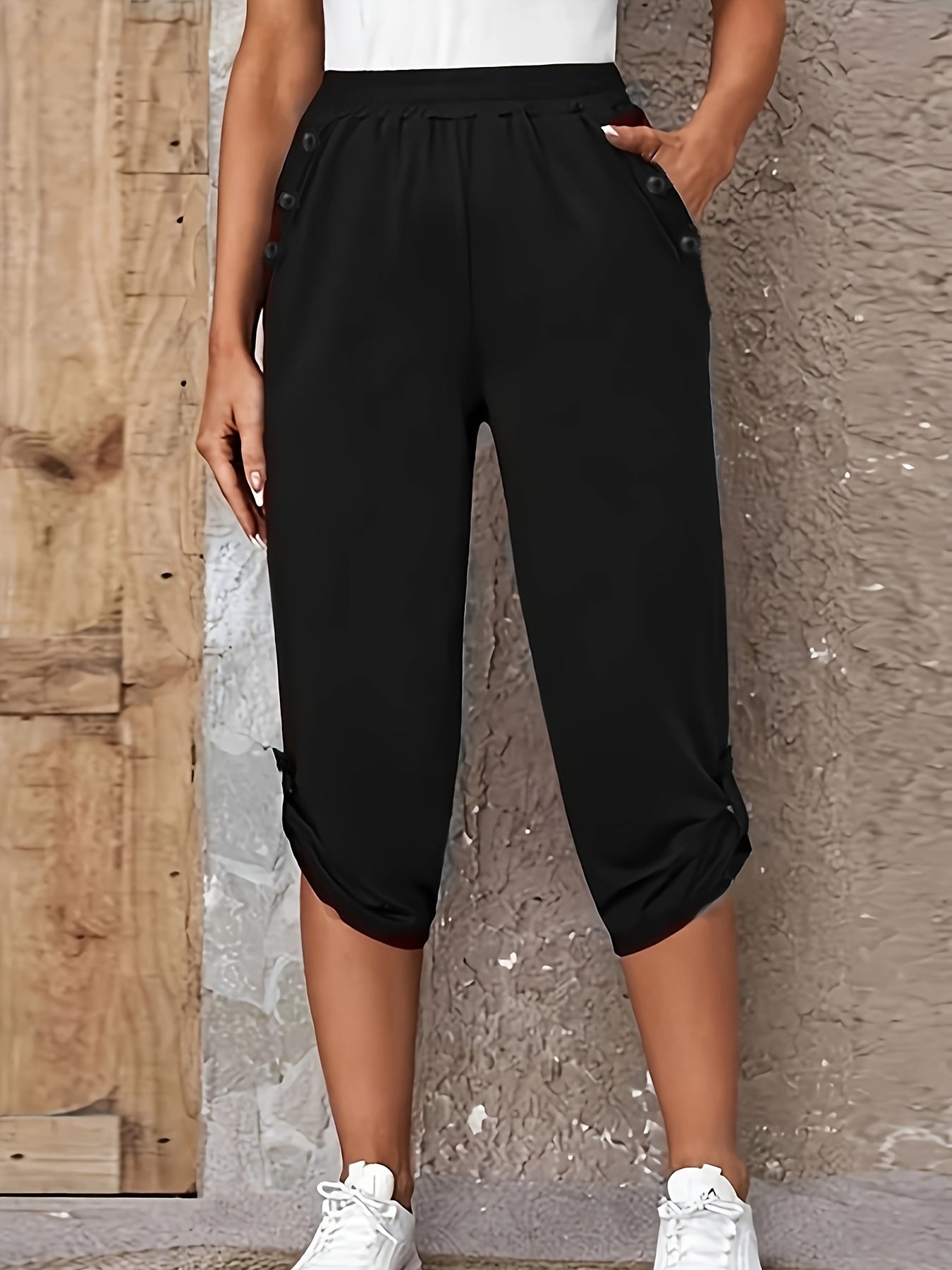 Pantalones cortos Bermuda de talla grande para mujer 100% poliéster color sólido con cintura elástica para todas las estaciones