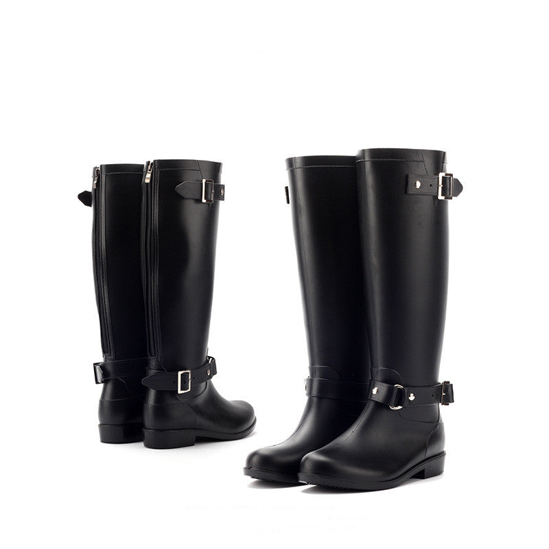 Women's PVC High-Calf Rain Boots with Adjustable Buckles Black Outdoor