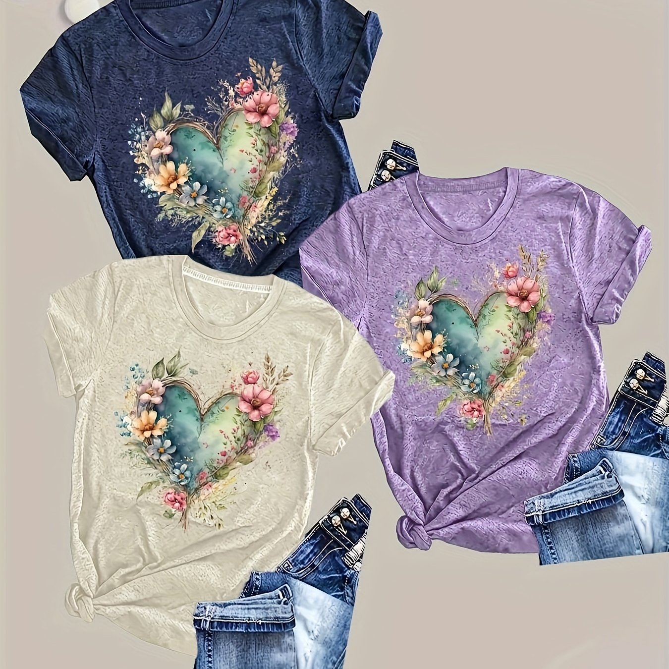 Plus Size Floral Print T-Shirts Pack of 3 Casual Crew Neck Polyester Knit Summer