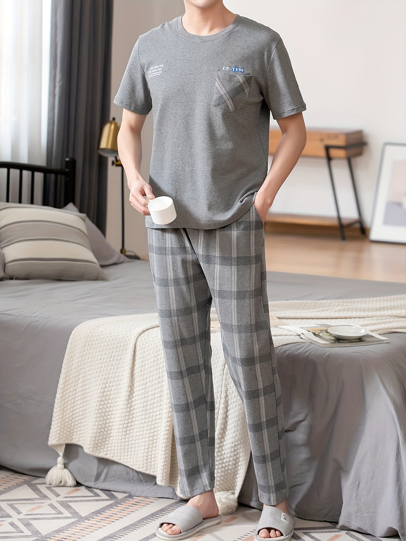 Men's Summer Cotton Pajama Set Short Sleeve Long Pants Plus Size Casual