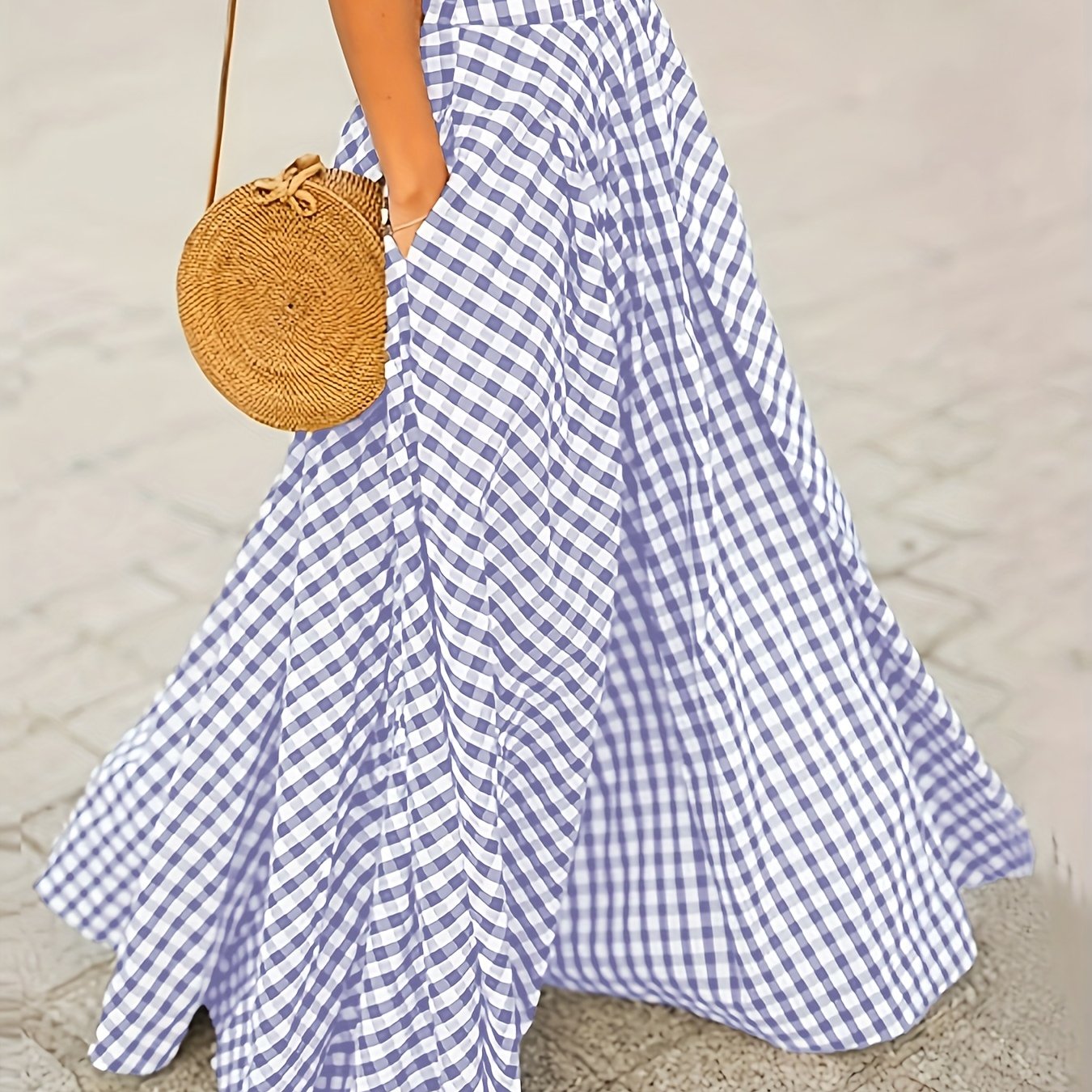 Women’s Plaid Maxi Skirt High Waist Flared Pockets Summer Blue and White