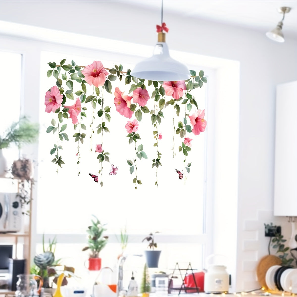 Pink Flower Window Decals with Butterfly, Self-Adhesive Glass Sticker, Removable Murals