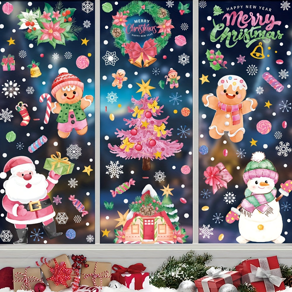 Holiday Window Sticker Set with Candy Canes Snowman Snowflakes Static Clings Garland Elk Santa Glass
