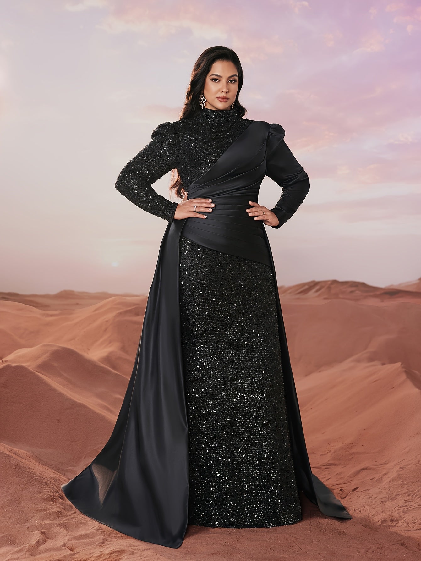 Plus Size Black Sequin Gown Satin Pleats Formal Dress for Weddings Prom