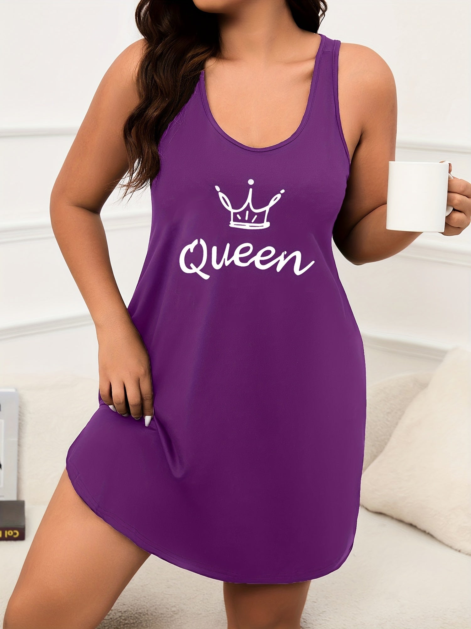 Plus Size Women's Sleeveless Nightgown Black Queen Letter Lounge Sleepwear