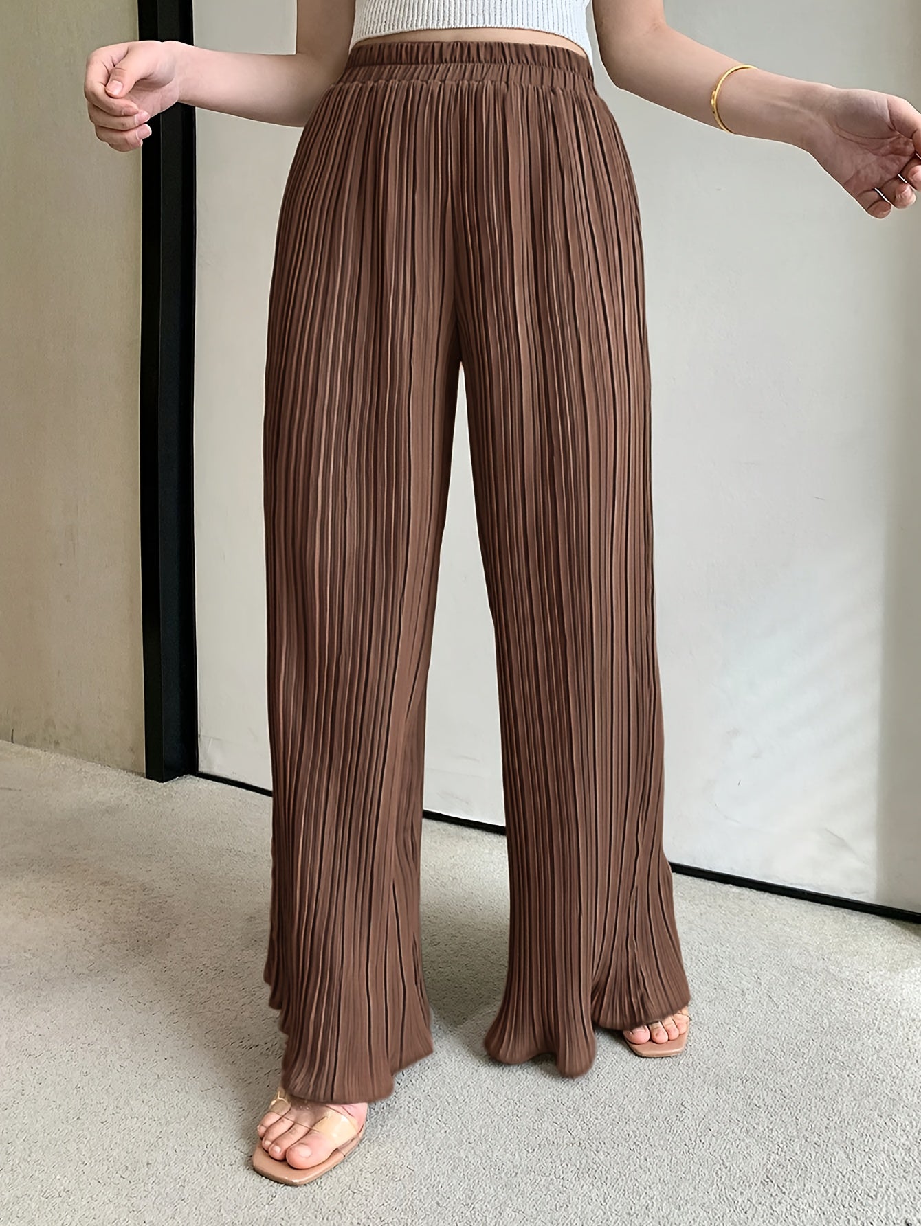 Women's Plus Size Wide-Leg High-Waisted Pants Elastic Waist Pleated