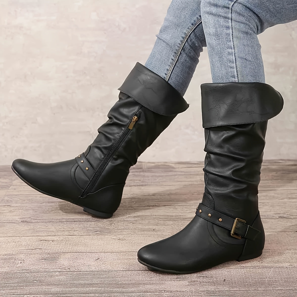Women's Pleated Leather Knee High Western Boots with Buckle Strap