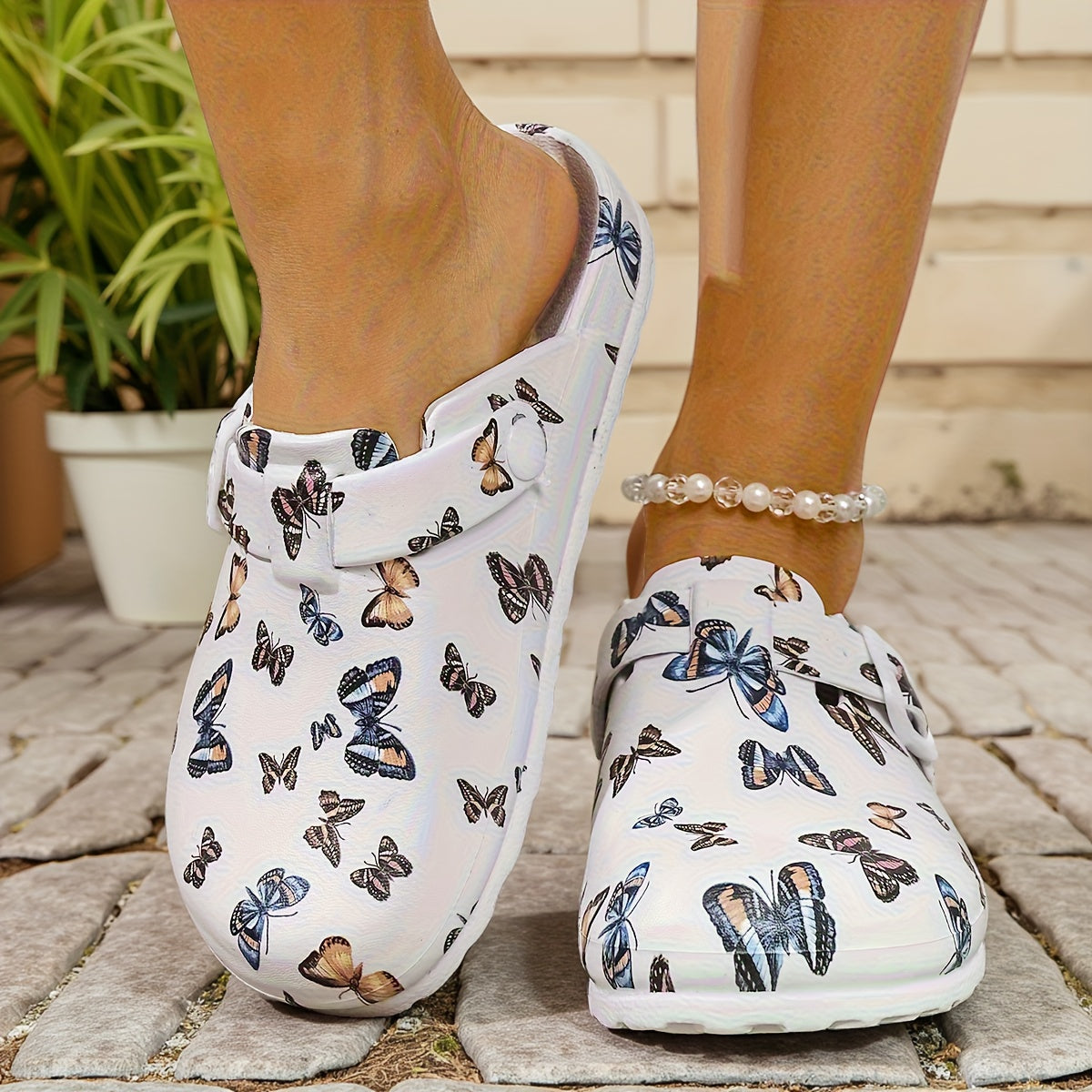 Women's White Butterfly Print EVA Slip-On Slippers with Thick Cushioned Sole
