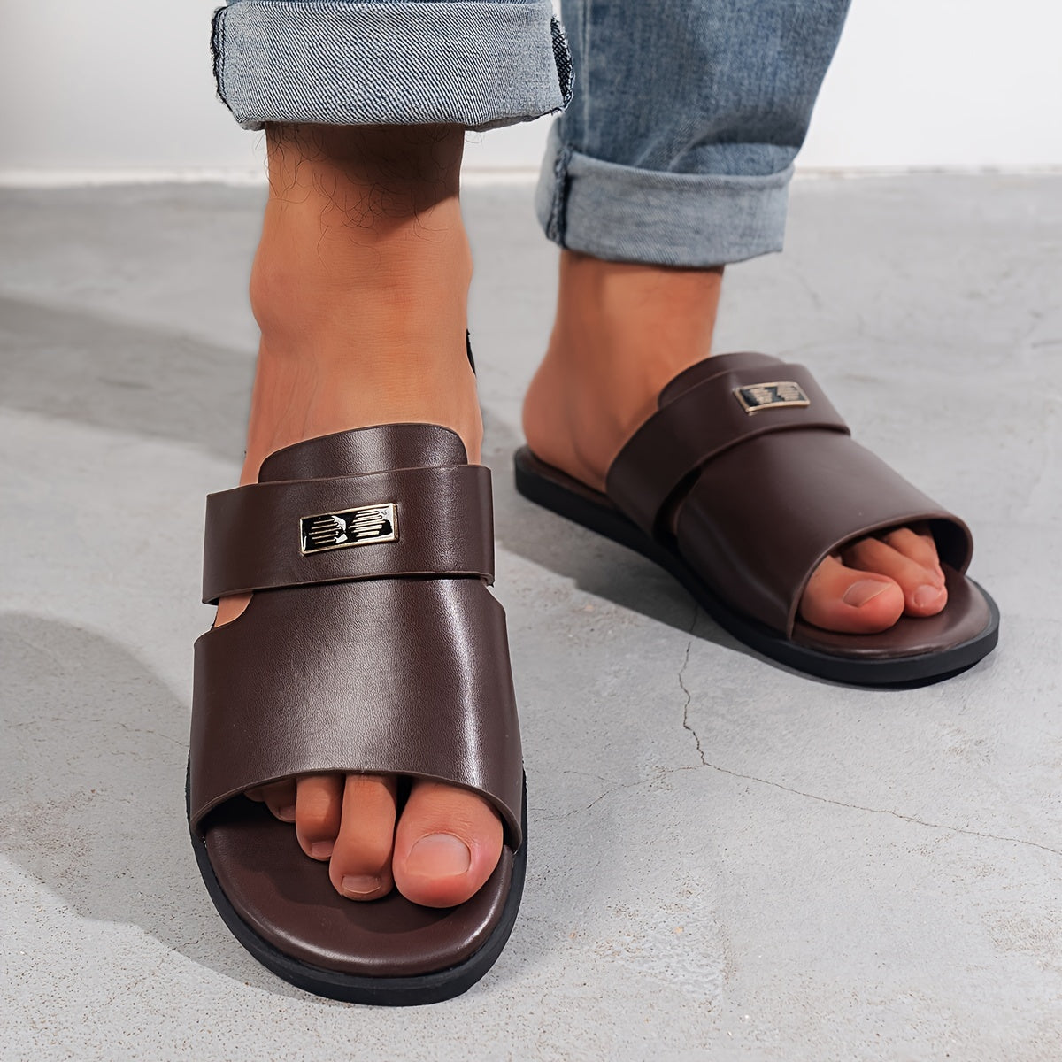 Men's All-Season Casual Faux Leather Slide Sandals with Buckle Closure and TPR Sole