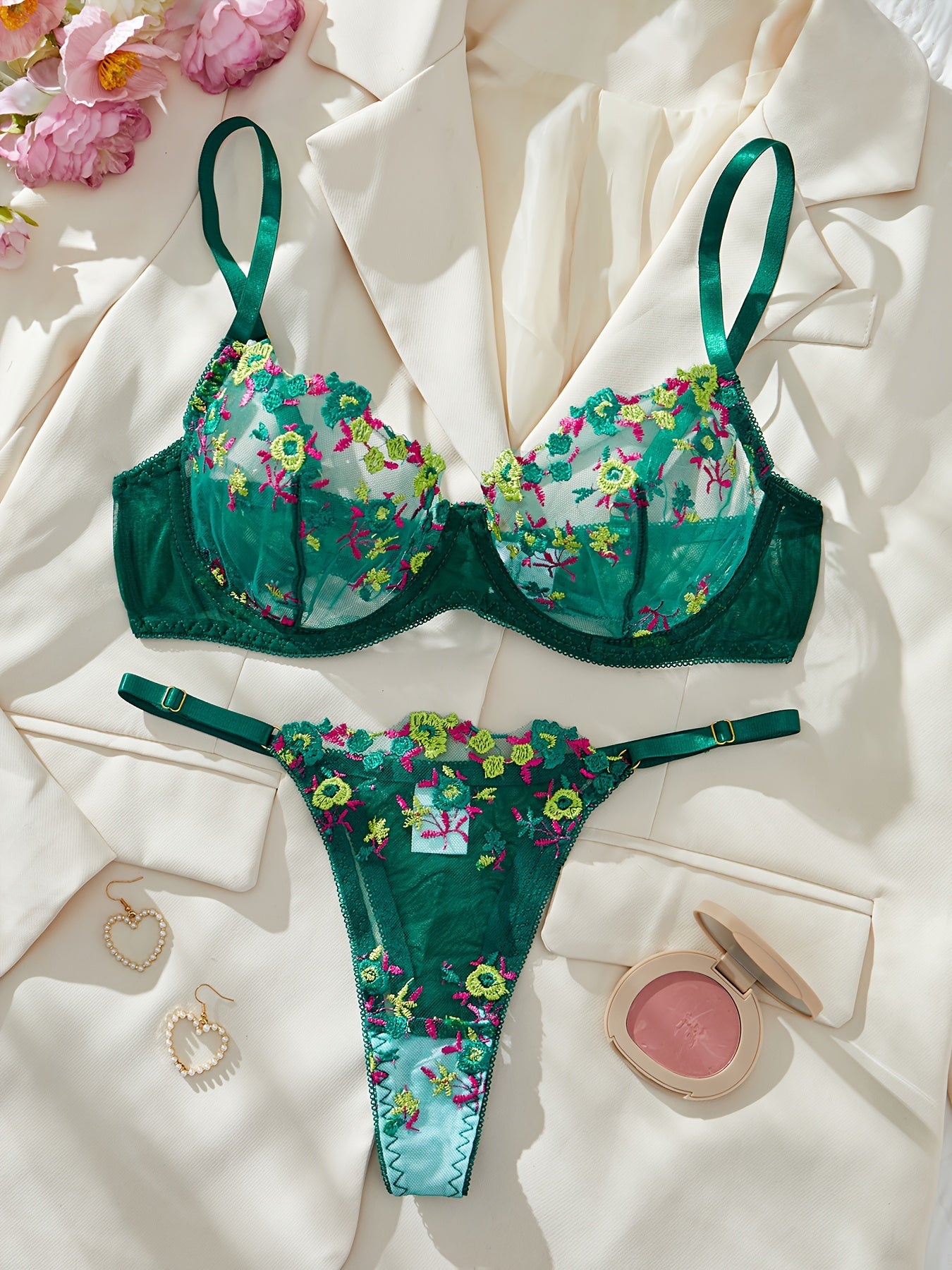 Women's Floral Mesh Lingerie Set with Unlined Bra and Panty