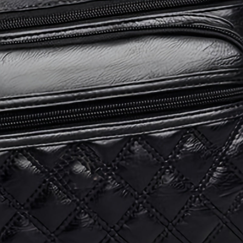 Women's Quilted Multi-Layer Shoulder Bag with Adjustable Strap and Zippered Compartments