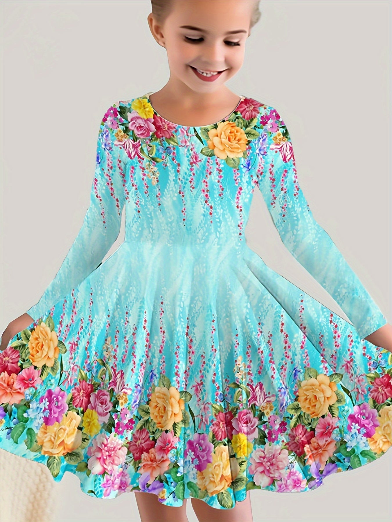 Girls' Long Sleeve Dress with Bright Floral Print, Stretchy Polyester, Fall Winter