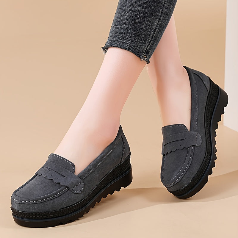 Women's Slip-On Platform Loafers Faux Cover Black Comfortable All-Season Shoes