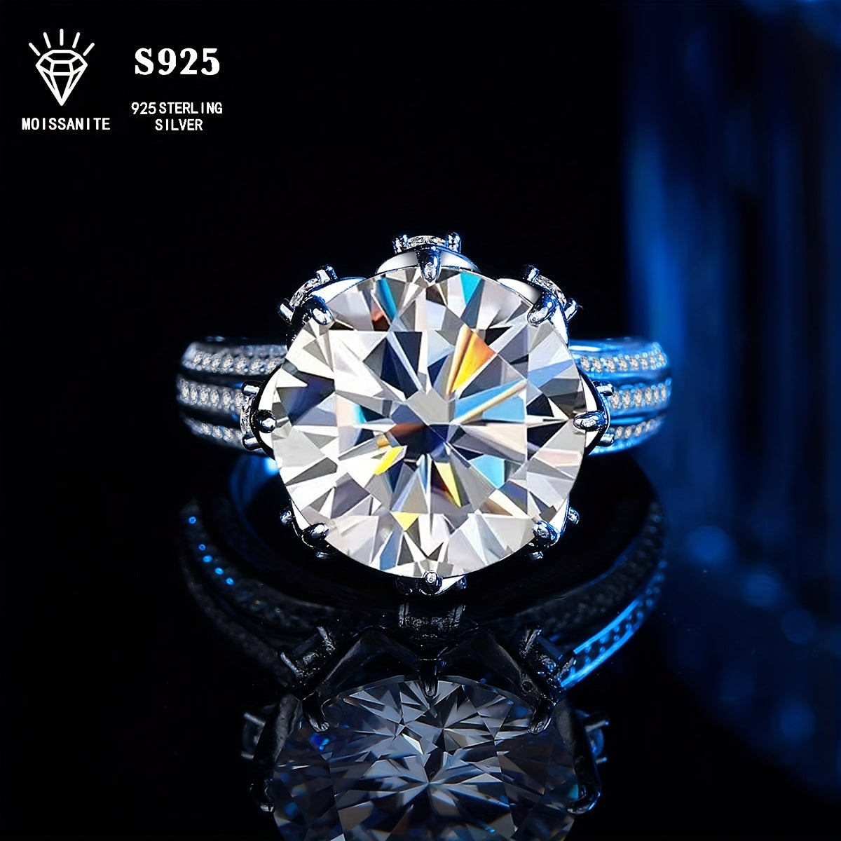 Anillo de compromiso de moissanita de 10ct para mujer, plateado, hipoalergénico, diseño de estrella, pavé