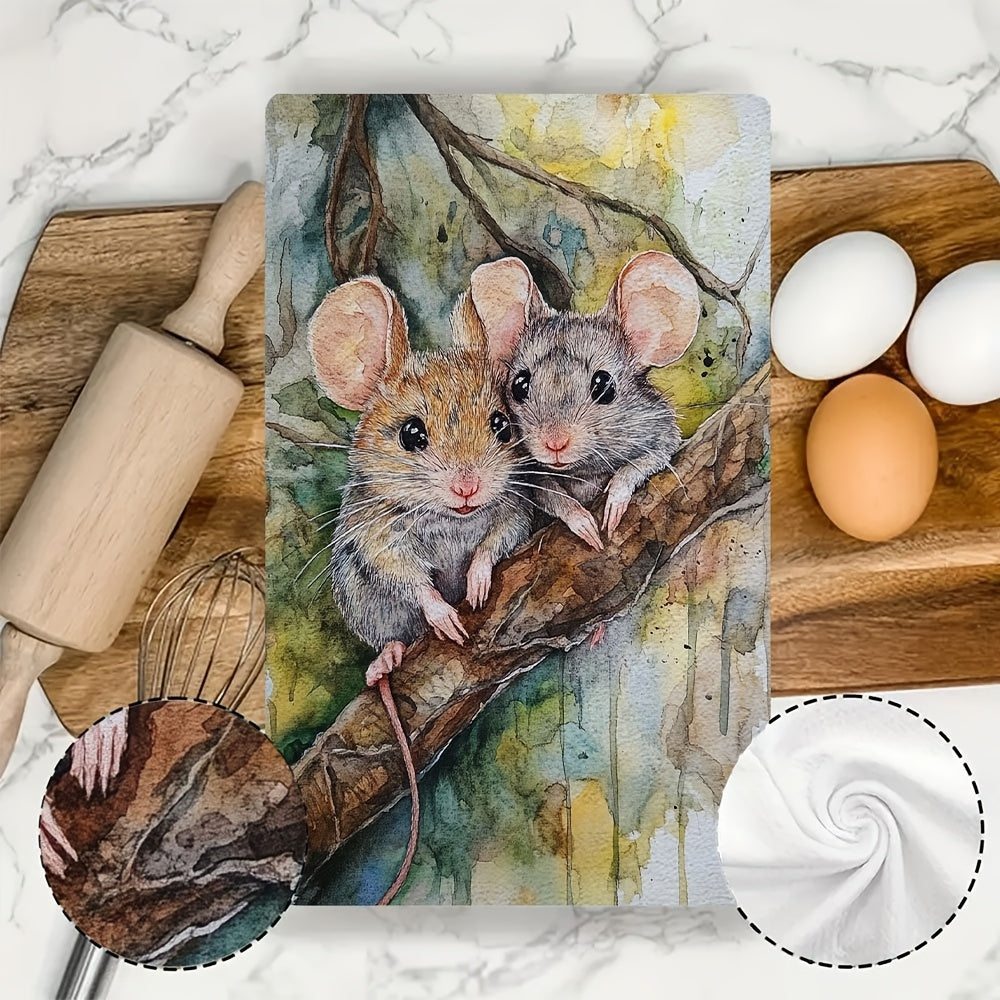 Set of 2 Ultra Soft Kitchen Towels with Mouse Couple Design, 40x60 cm, Absorbent