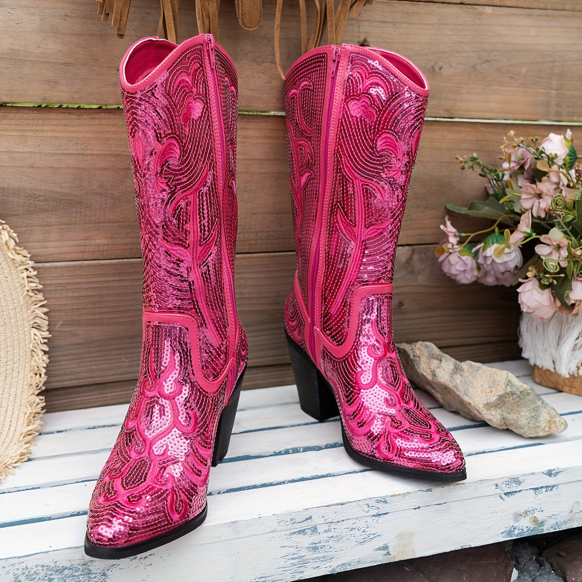 Women’s Sequin Embroidered Mid-Calf Riding Boots with Block Heel