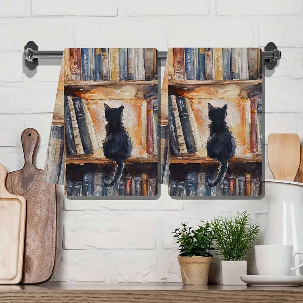 Two Pieces Kitchen Towels Ultra Soft Absorbent Library Kitten Design 40x60 cm