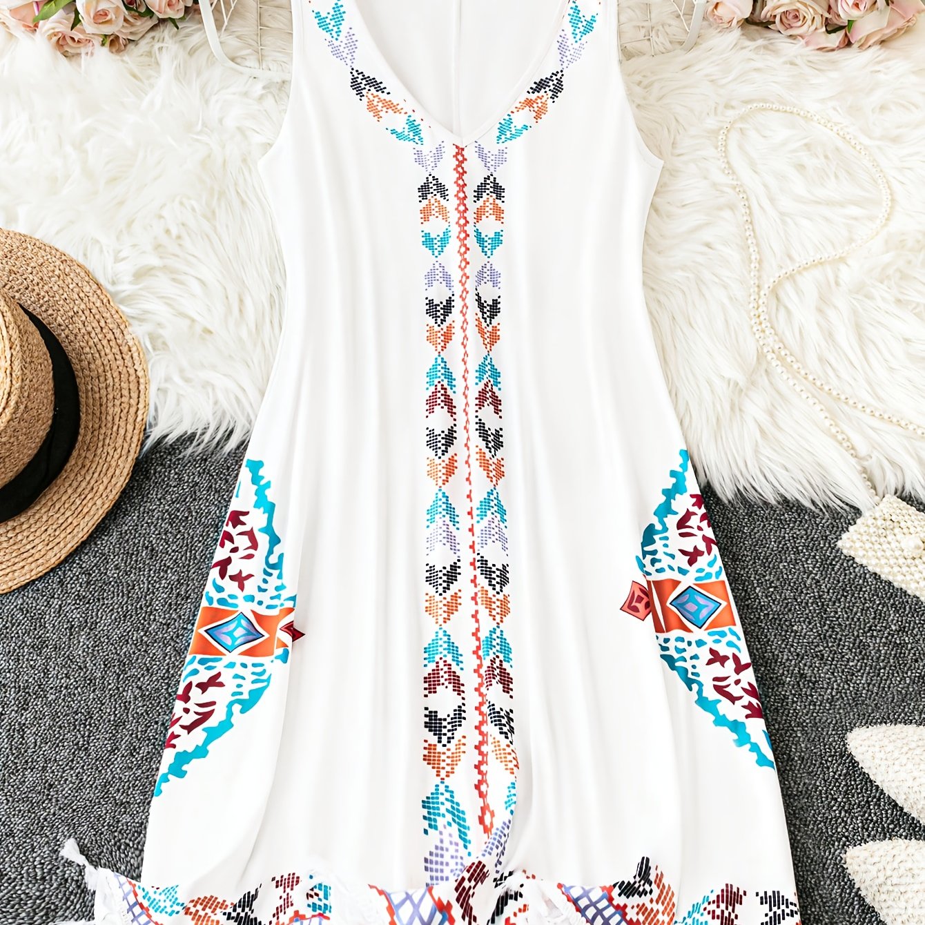 Plus Size Bohemian V-Neck Sleeveless Dress with Random Print Polyester Knit