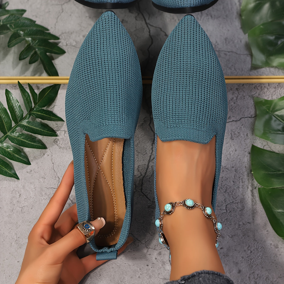 Women’s Slip-On Knit Pointed Toe Shoes Breathable Fabric All-Season Comfort