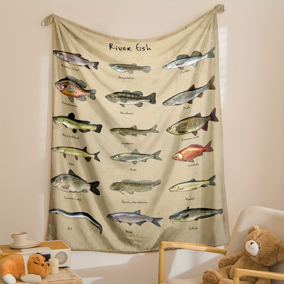Fish-Themed Flannel Throw Blanket for Couch Bed Travel Soft Warm Multiple Sizes