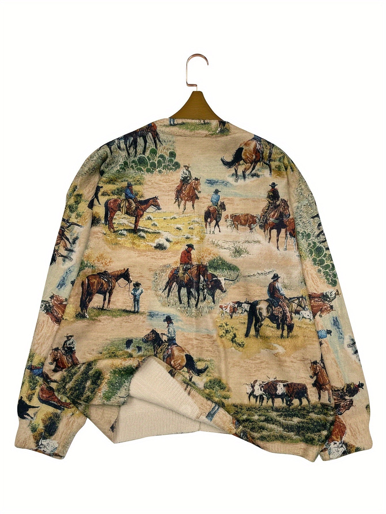 Women's Oversized Knit Cardigan with Horse Riding Print V-Neck Long Sleeve