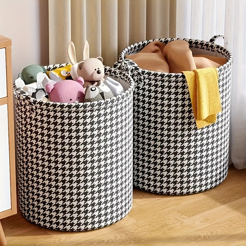Large Capacity Foldable Laundry Basket Non-Woven Houndstooth Fabric Storage Hamper for Clothes and Toys
