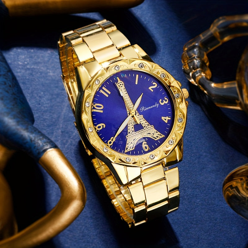 Ayollar uchun oltin kvarts soat, Eiffel Tower qismi bilan, zanglamaydigan po'latdan yasalgan band, an'anaviy soat